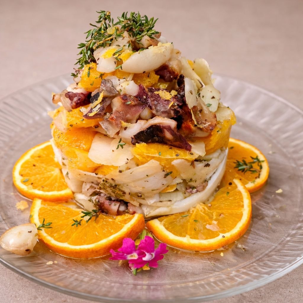 Piatto di pesce a Siracusa, insalata di seppia con arance e finocchio in Corso Umberto Ortigia