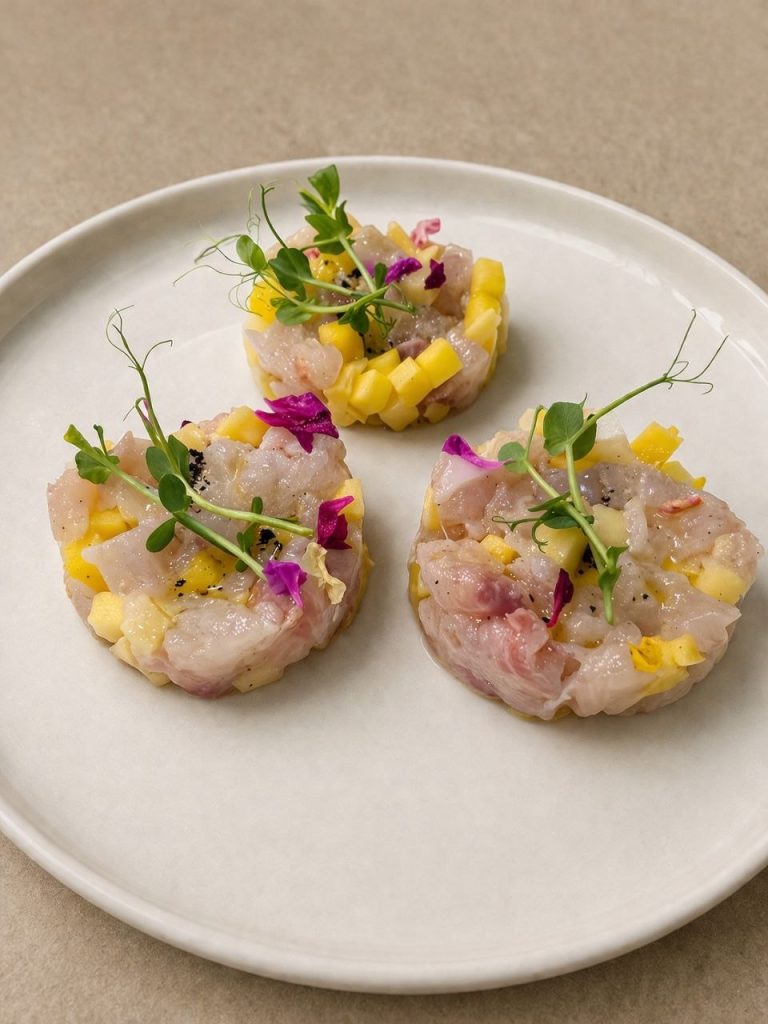 Tartare di spigola e mango Locanda Sikè a Siracusa in Corso Umberto, crudo di mare con olio extravergine