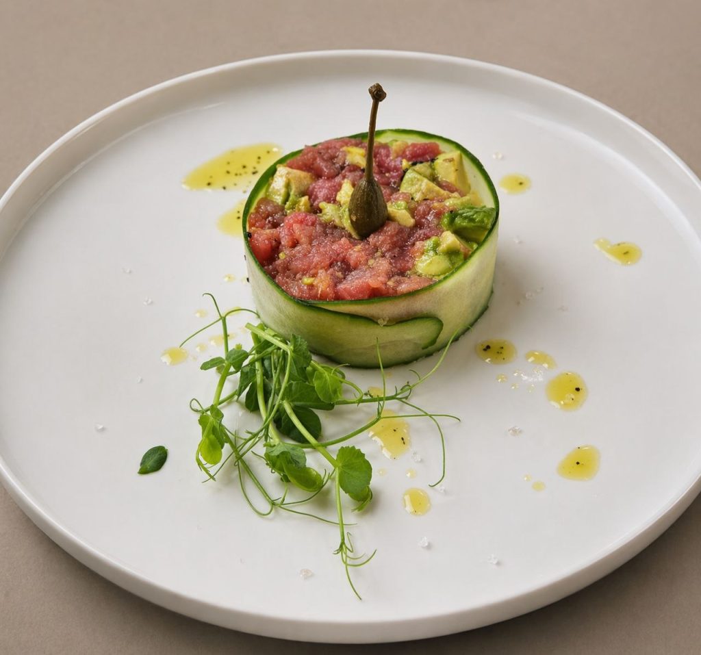 Tartare di tonno a Siracusa in Corso Umberto, ristorante di pesce Locanda Sikè vicino Ortigia, con avocado e cetriolo